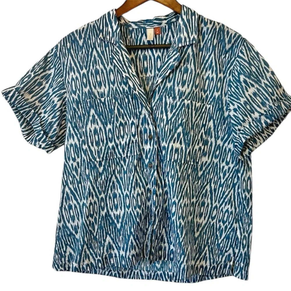 Pilcro Anthropologie Voile Surf Anthro Shirt, blue Ikat pattern Boho Medium - Picture 2 of 8